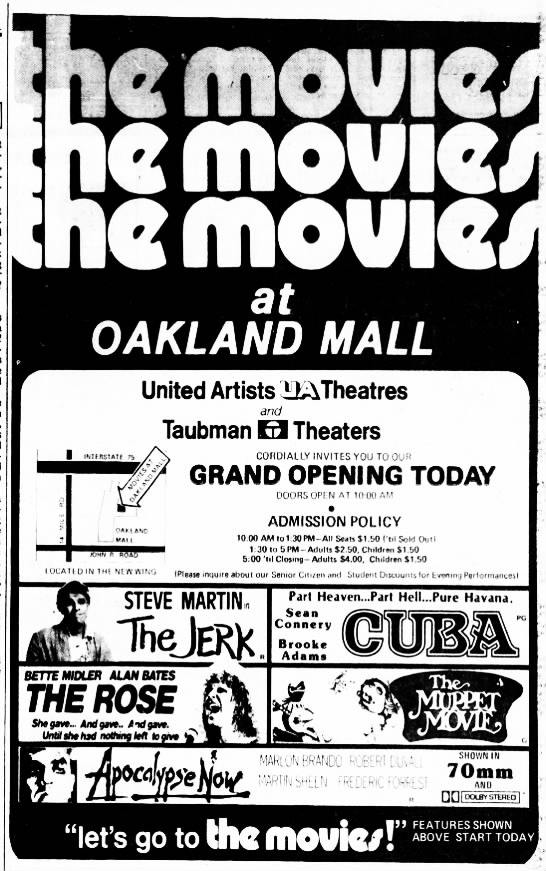 Movies at Oakland Mall - Dec 1979 Grand Opening Ad